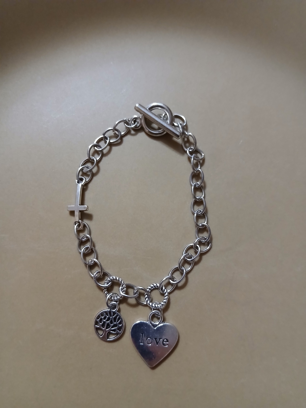 Silver Tone 'Love' Heart Charm Bracelet with Tree and Cross Accents